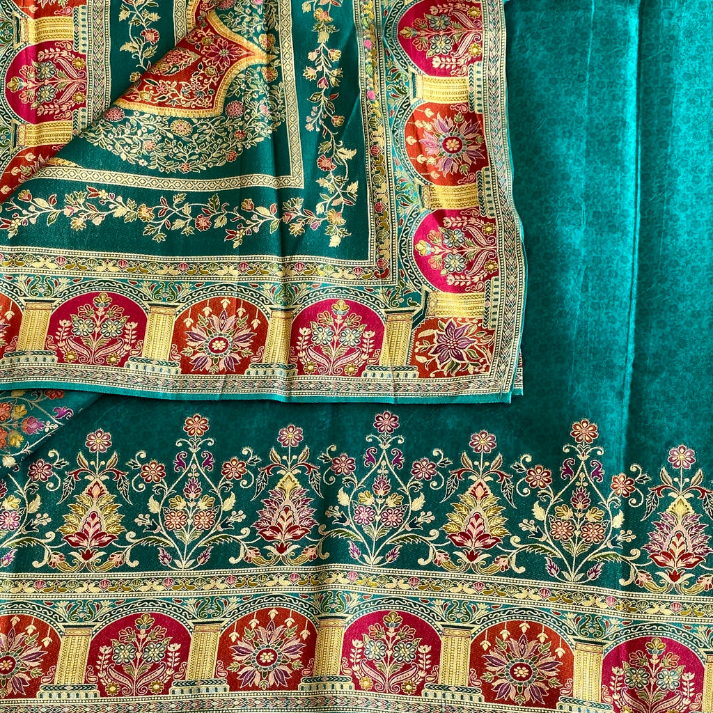 Deep Teal Blue Soft Tussar Silk Saree With Magenta Pallu And Gold Borders