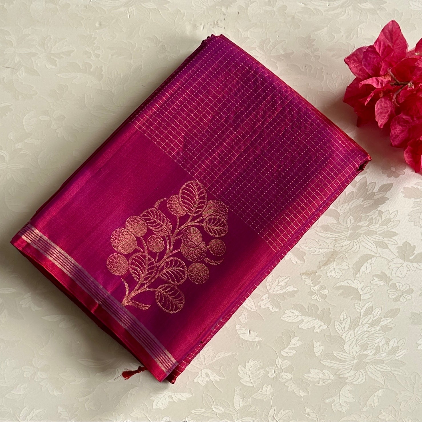Fuchsia Gold Woven Floral Saree With Tassels For Wedding Festivities