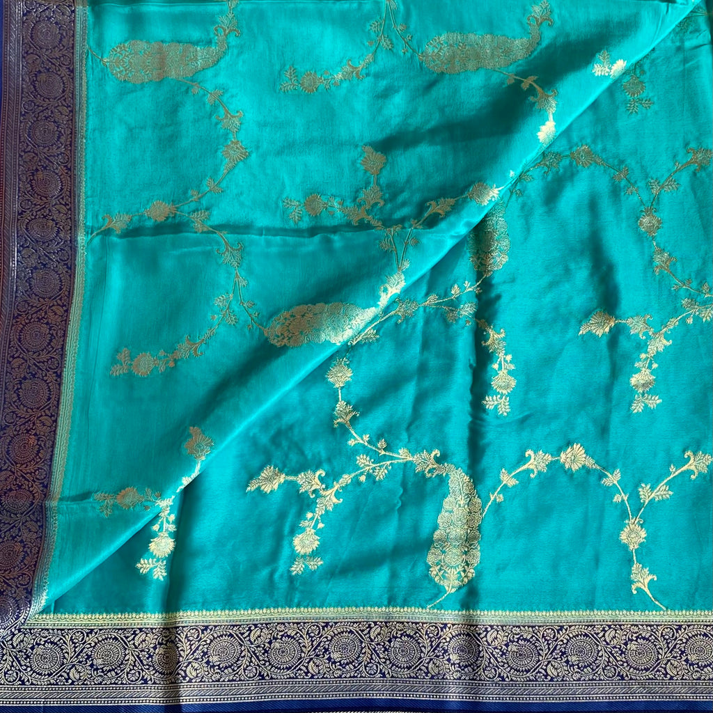 Turquoise Soft Crepe Silk Saree With Royal Blue Pallu And Zari