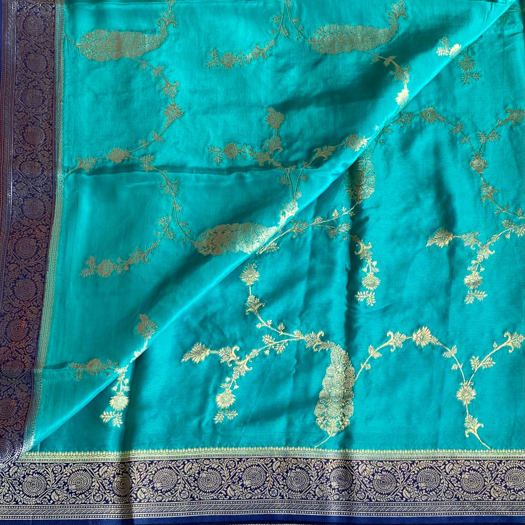 Turquoise Soft Crepe Silk Saree With Royal Blue Pallu And Zari