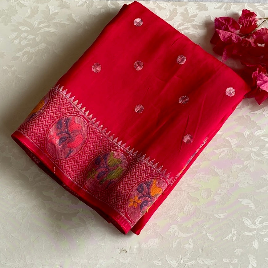 Tomato Red Soft Tussar Silk Saree With Mustard Yellow Border