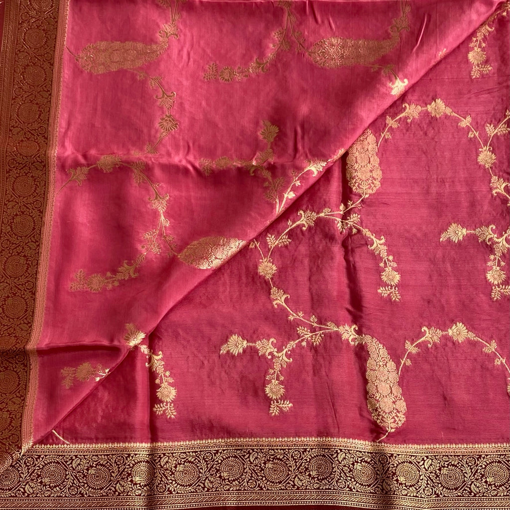 Rani Pink Soft Tussar Silk Saree With Maroon Brocade Pallu