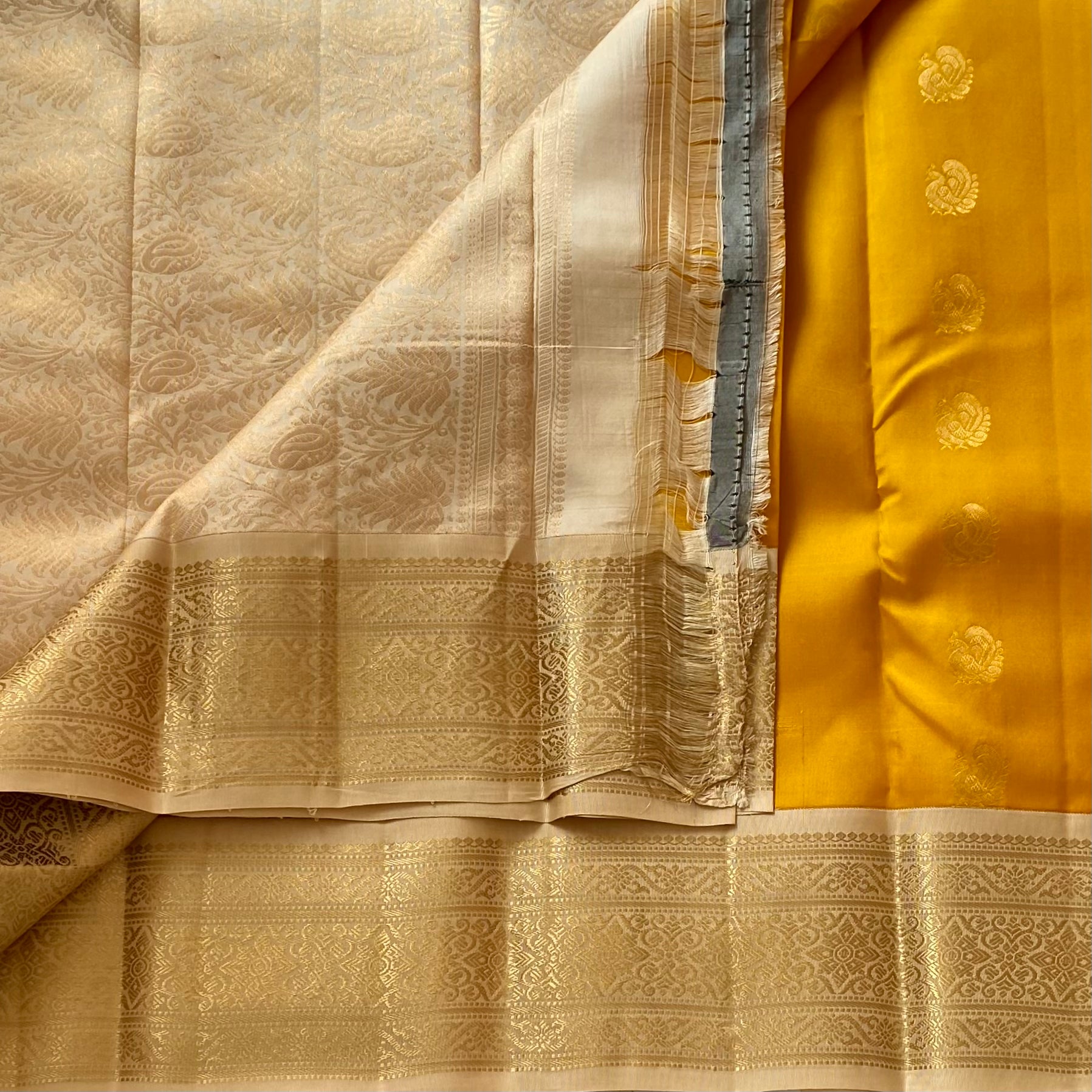 Golden Mustard Kanjeevaram Pure Silk With Champagne Beige Pallu