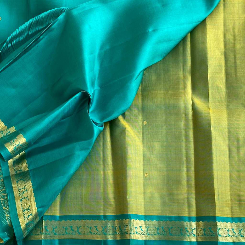 Dual Shaded Olive Green & Turquoise Kanjeevaram Pure Zari Silk Saree