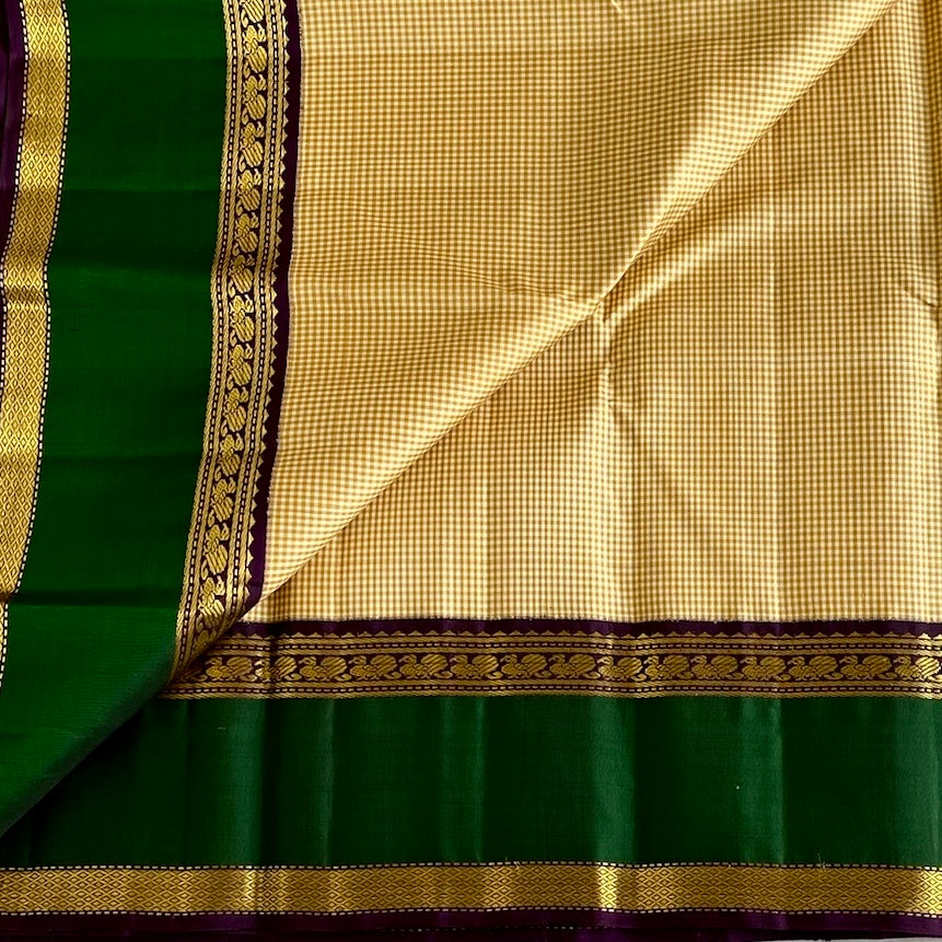 Beige Micro Checkered Kanjeevaram Pure Zari Silk Brinjal Purple With Emerald Borders