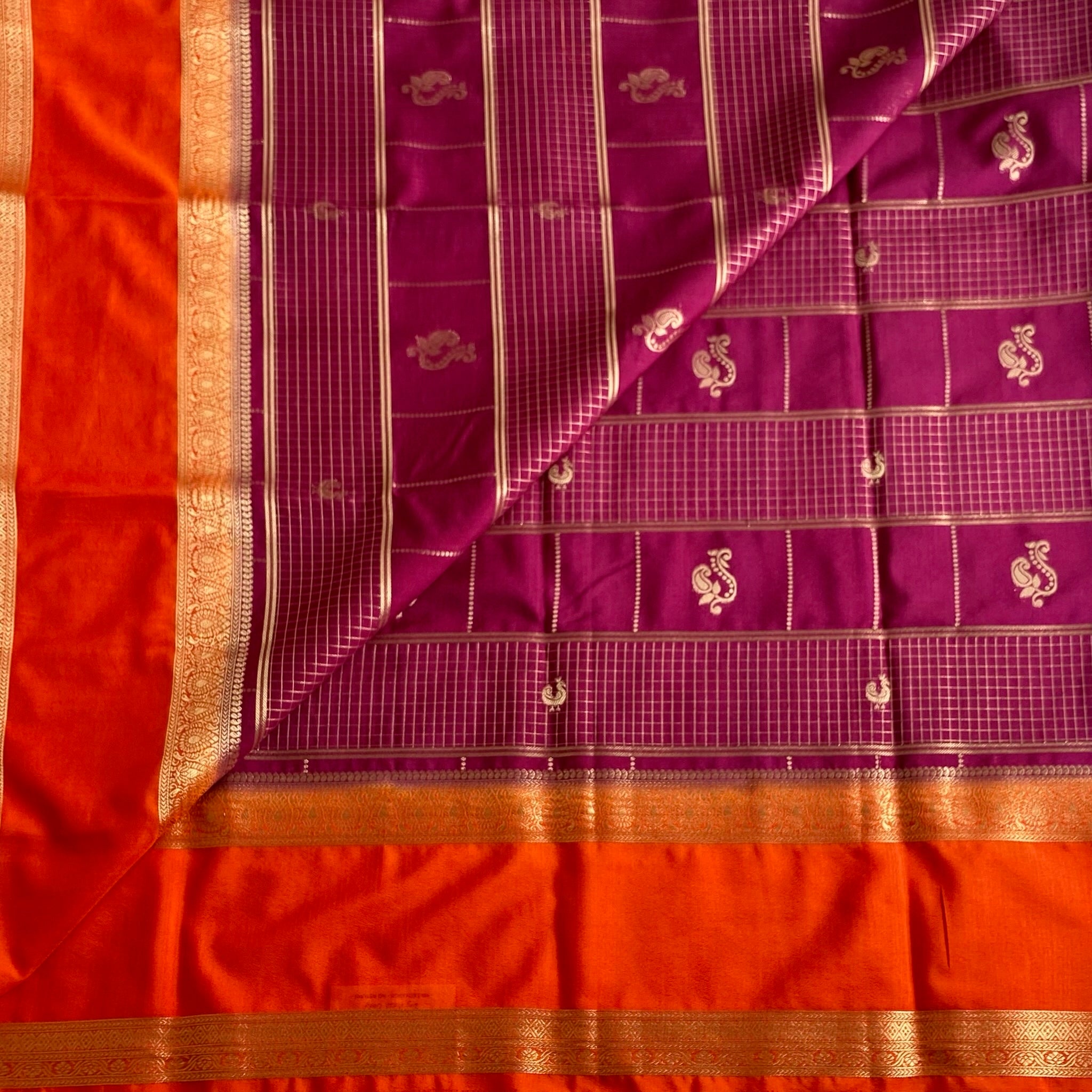 Vibrant Wine Soft Crepe Checkered Silk With Rust Orange Contrast