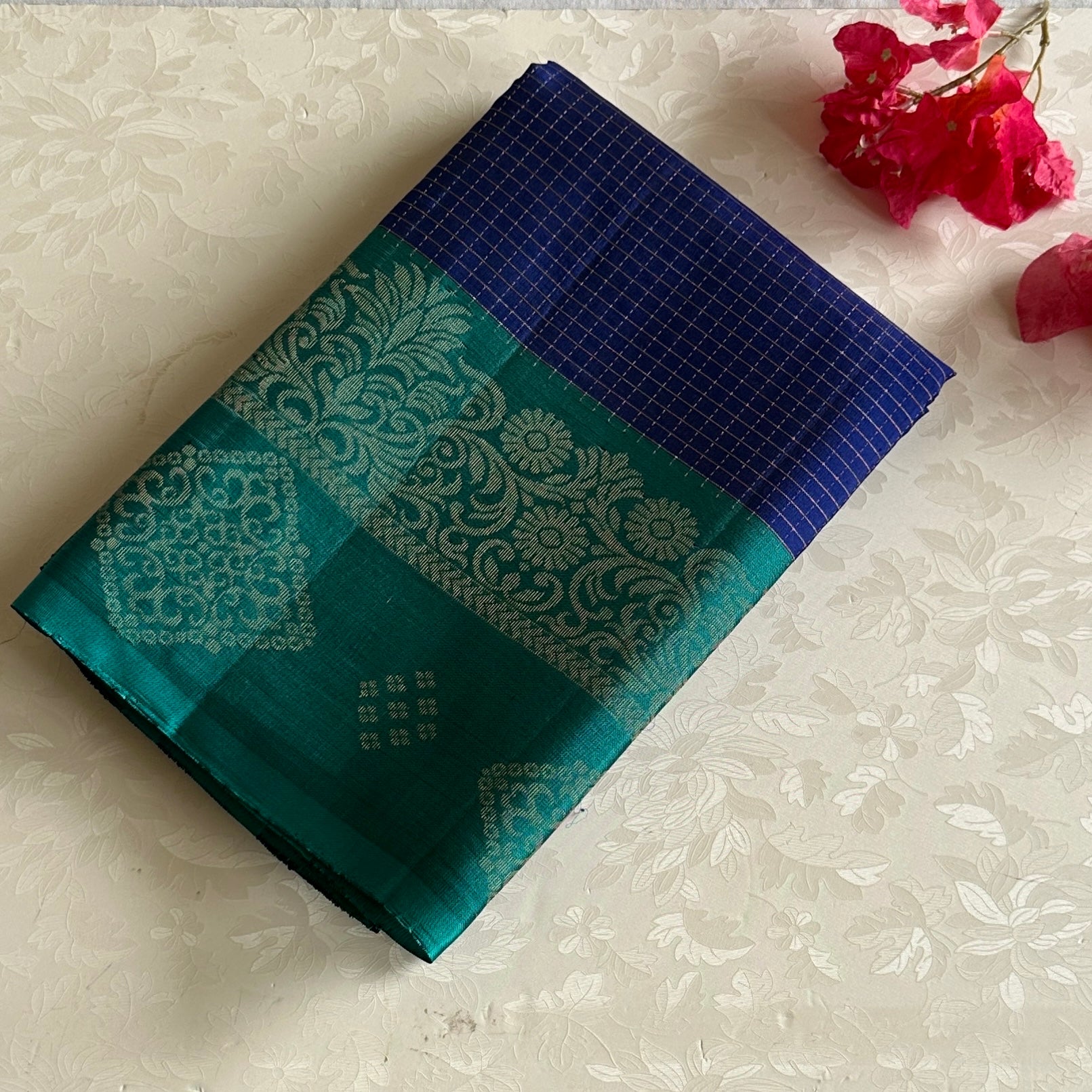 Royal Blue Designer Pure Silk Saree With Turquoise Pallu