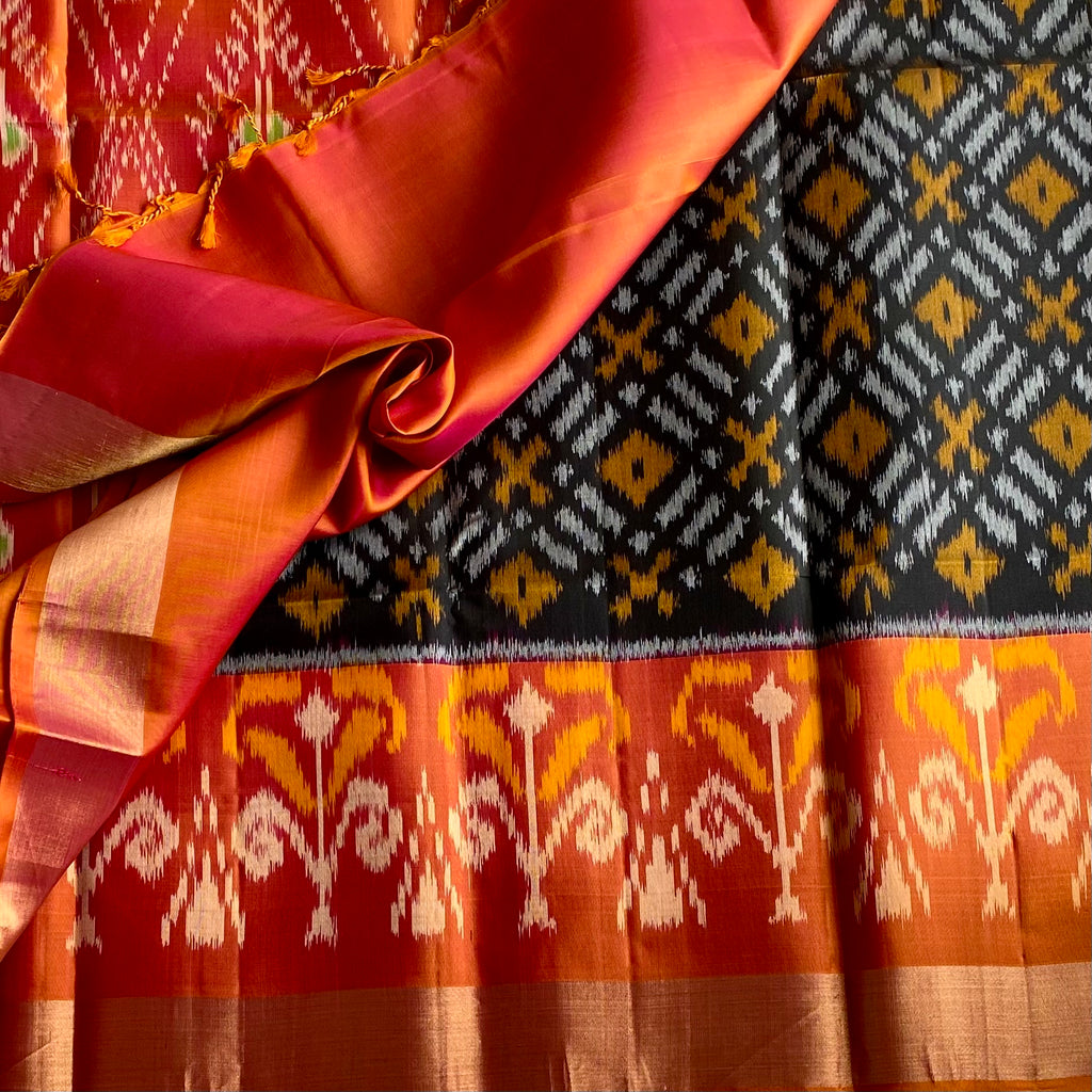 Jet Black Ikkat Designer Pure Silk With Burnt Orange Contrast