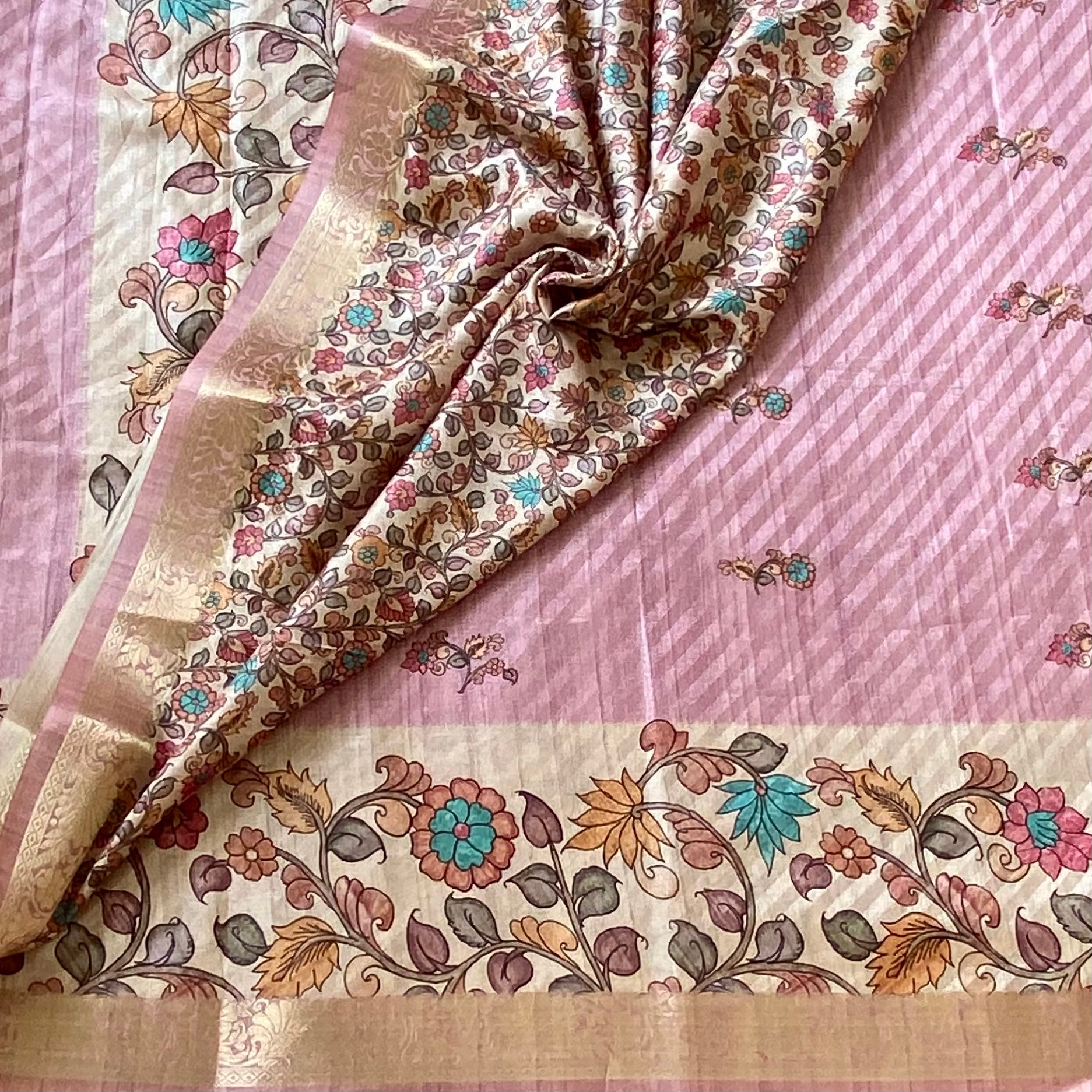 Dusty mauve with cream beige soft kalamkari printed tussar