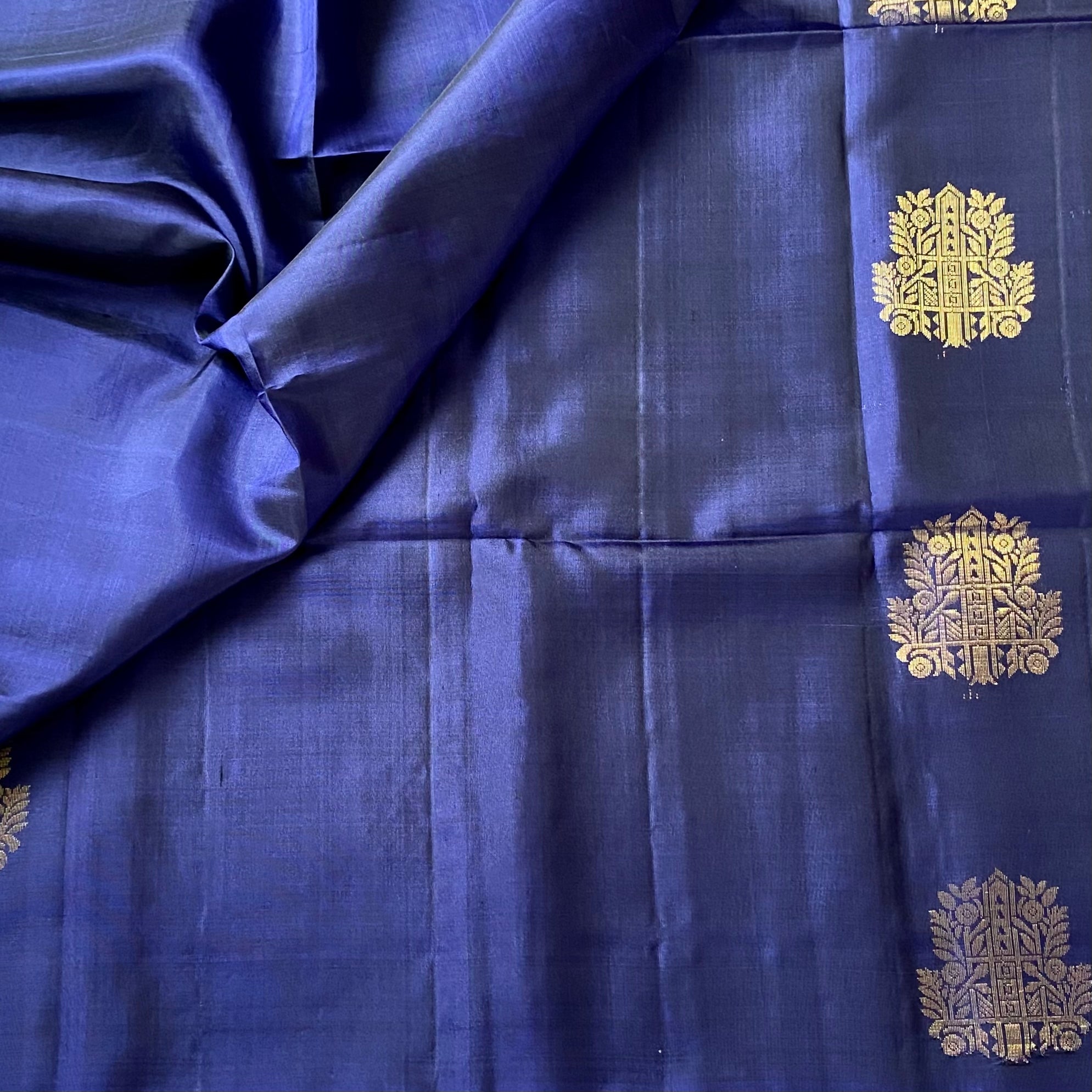 Indigo Silk Saree Gold Brocade Geometric Motif Wedding Festive Wear