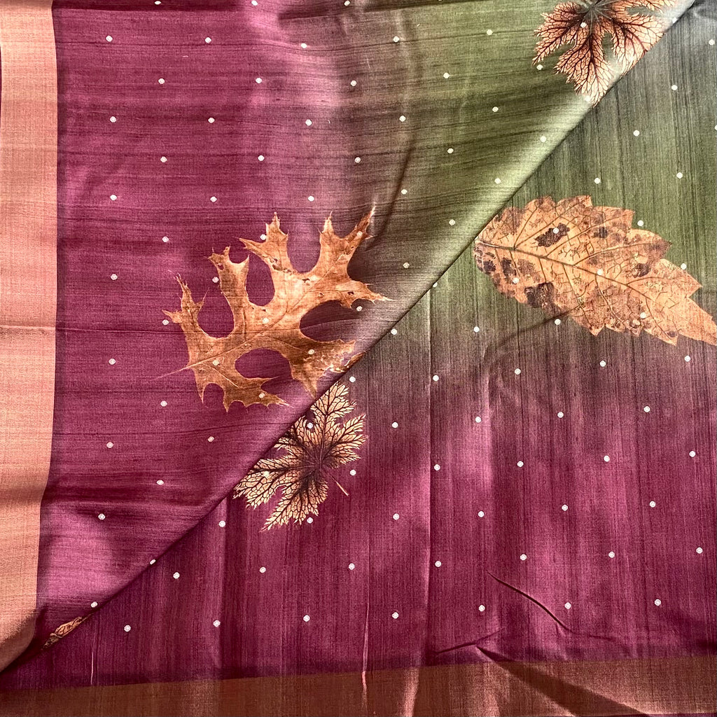 Deep Wine n Olive Ombré Soft Tussar Saree With Designer Prints