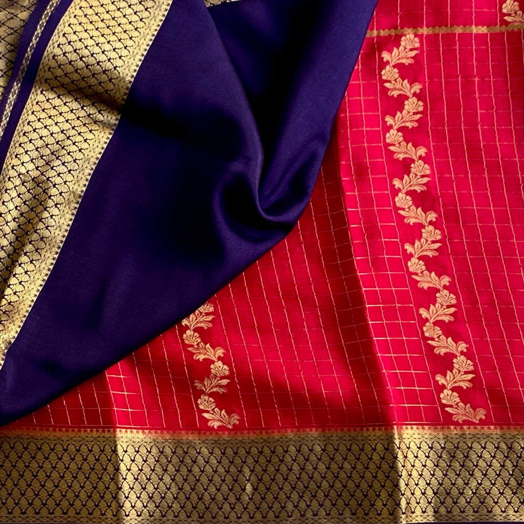 Cherry Pink Mysore Crepe Silk Saree With Navy Blue Pallu