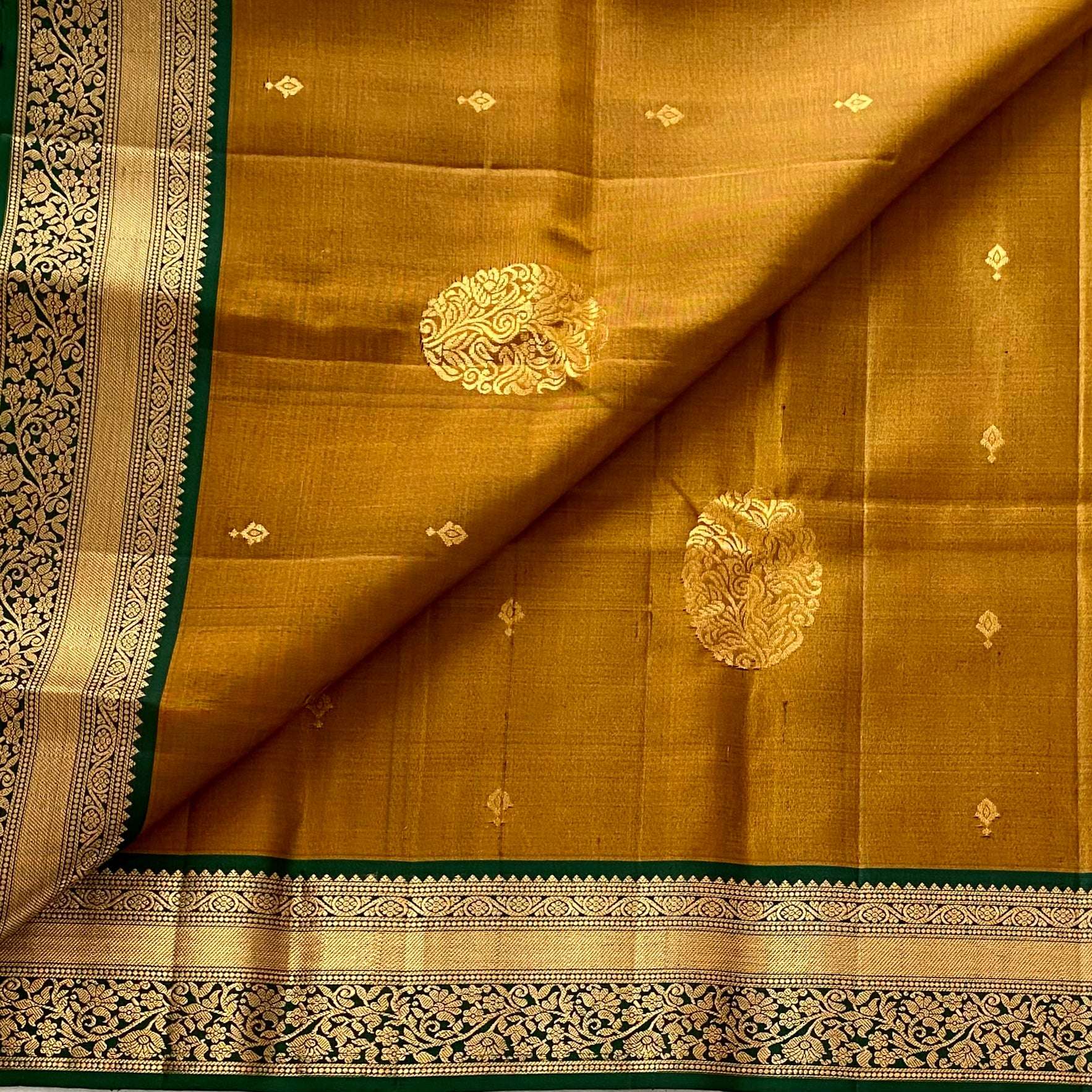 Mustard Gold Designer Pure Silk Saree Bottle Green Zari Border Contrast Pallu