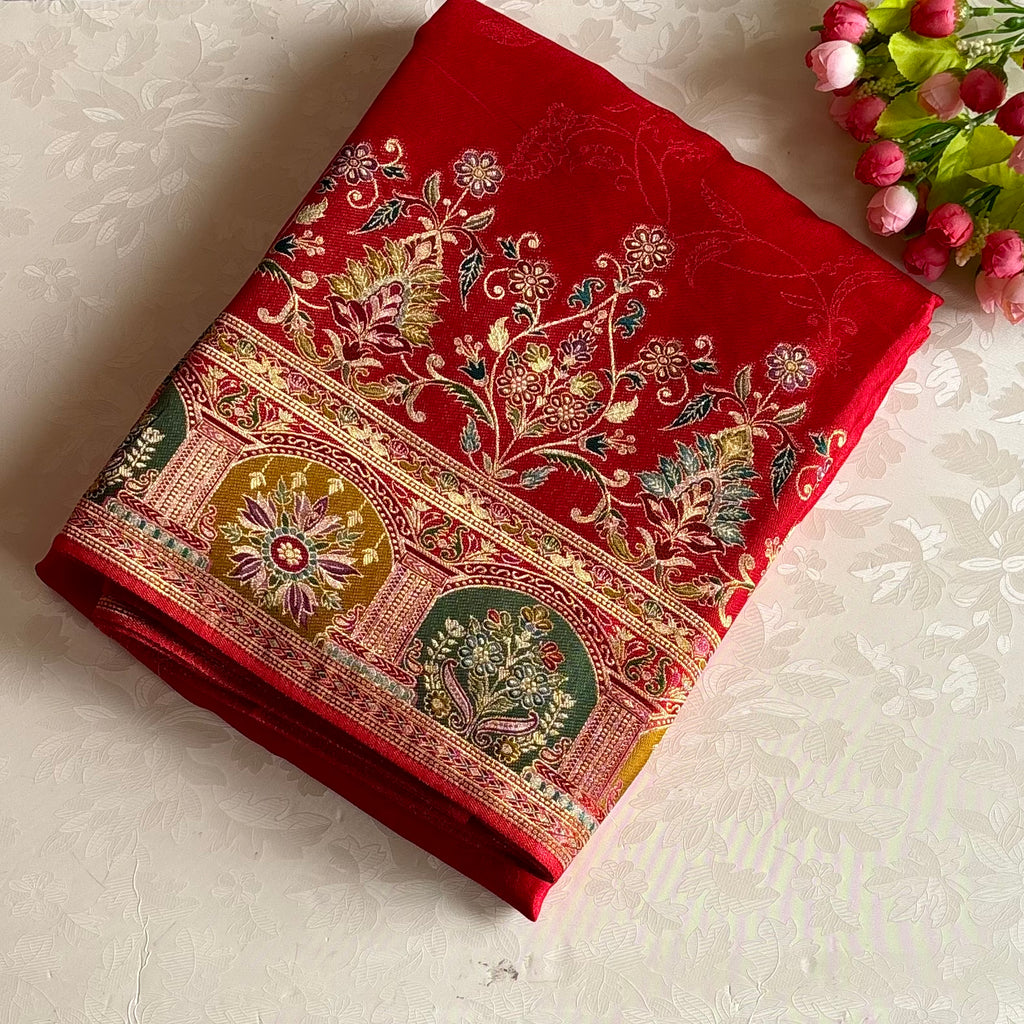 Crimson Red Meenakari Soft Tussar Silk Saree With Olive Green Motifs