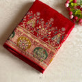 Crimson Red Meenakari Soft Tussar Silk Saree With Olive Green Motifs