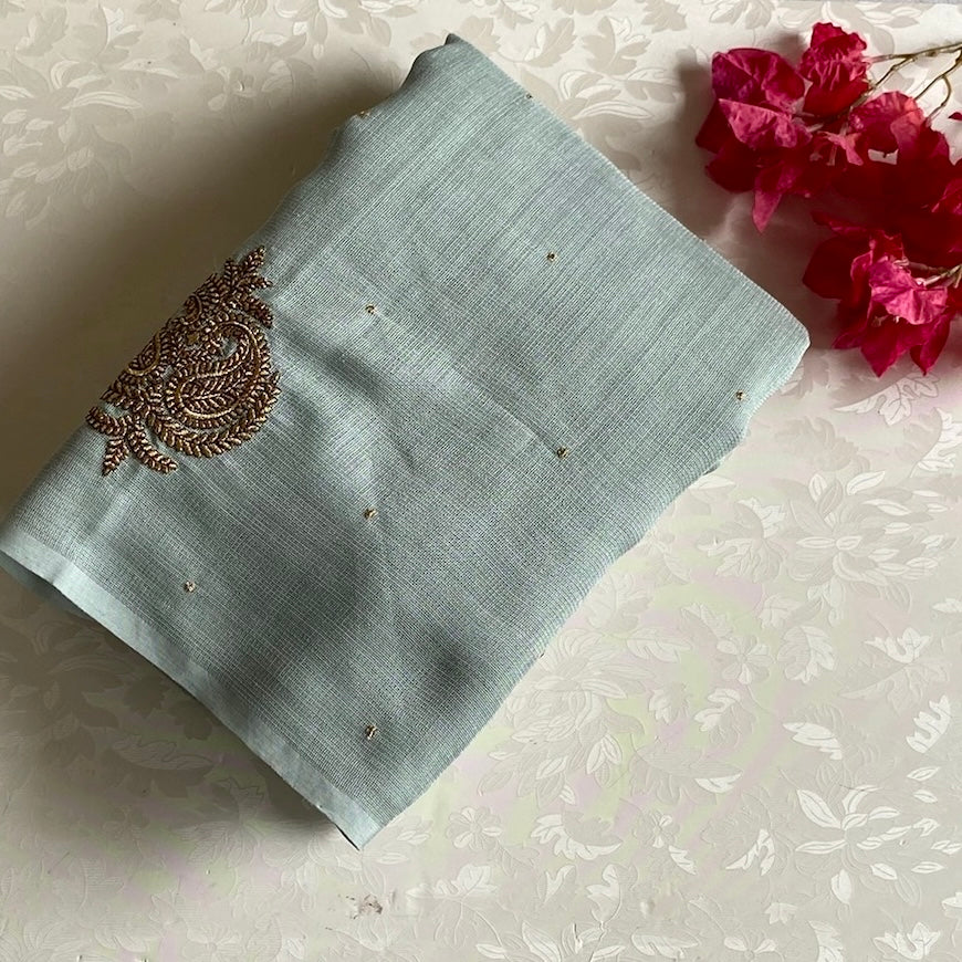 Sage Green Soft Jute Tussar Saree With Jet Black Embroidered Blouse