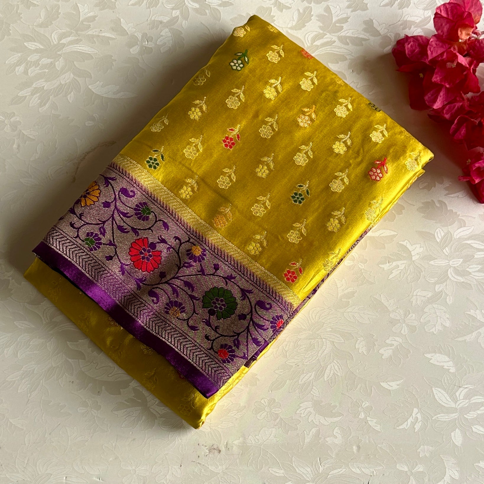 Canary Yellow Banarasi Silk Saree Burgundy Paisley Pallu Purple Border