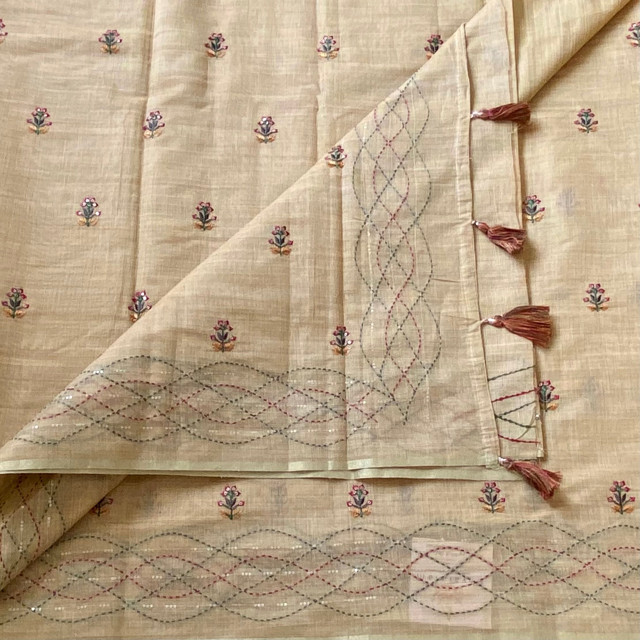 Mustard Yellow Linen Buti Saree With Embroidered Lattice Pallu Tassels