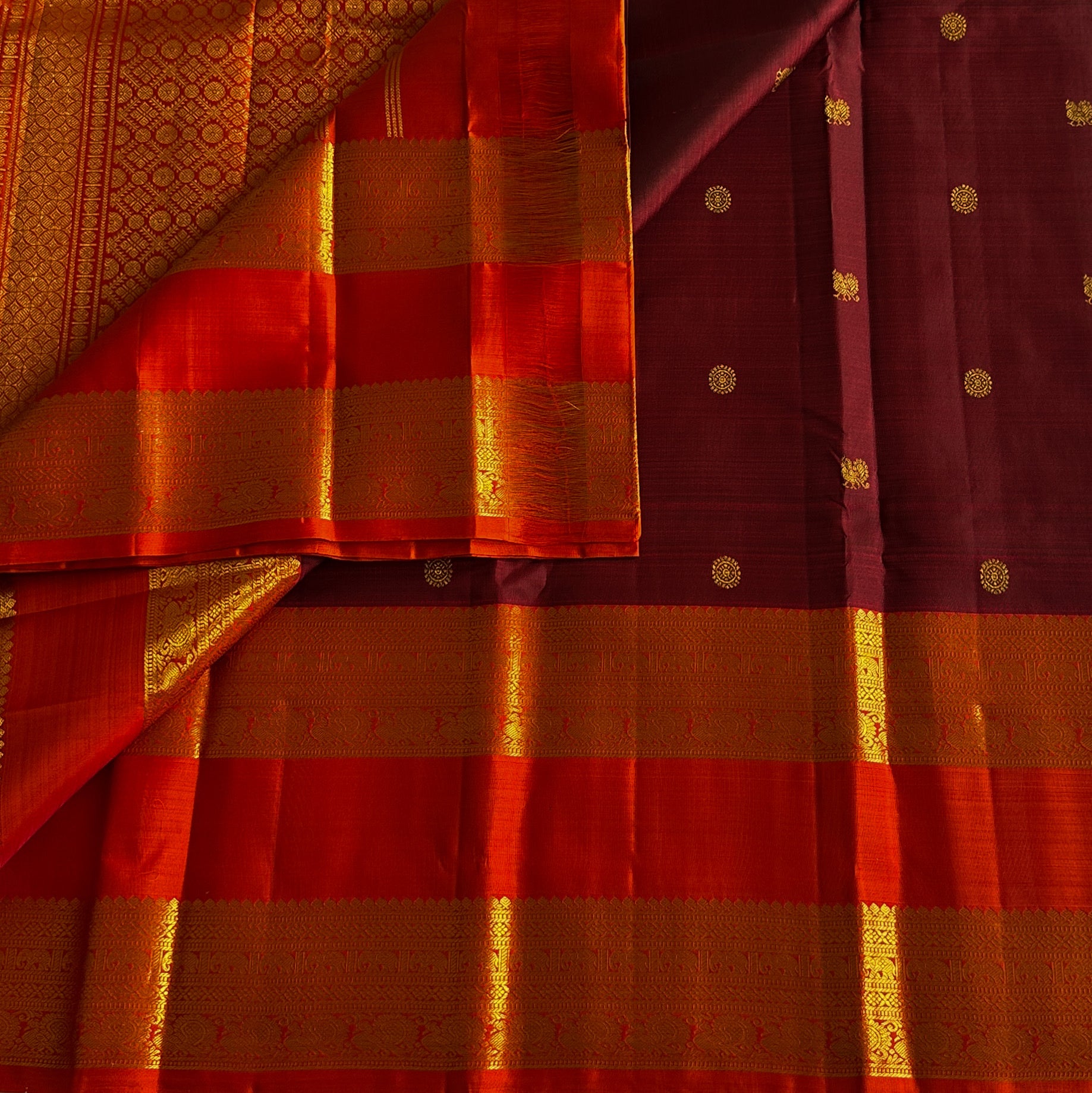 Maroon Orange Silk Saree Gold Buttas Woven Zari Border Pallu