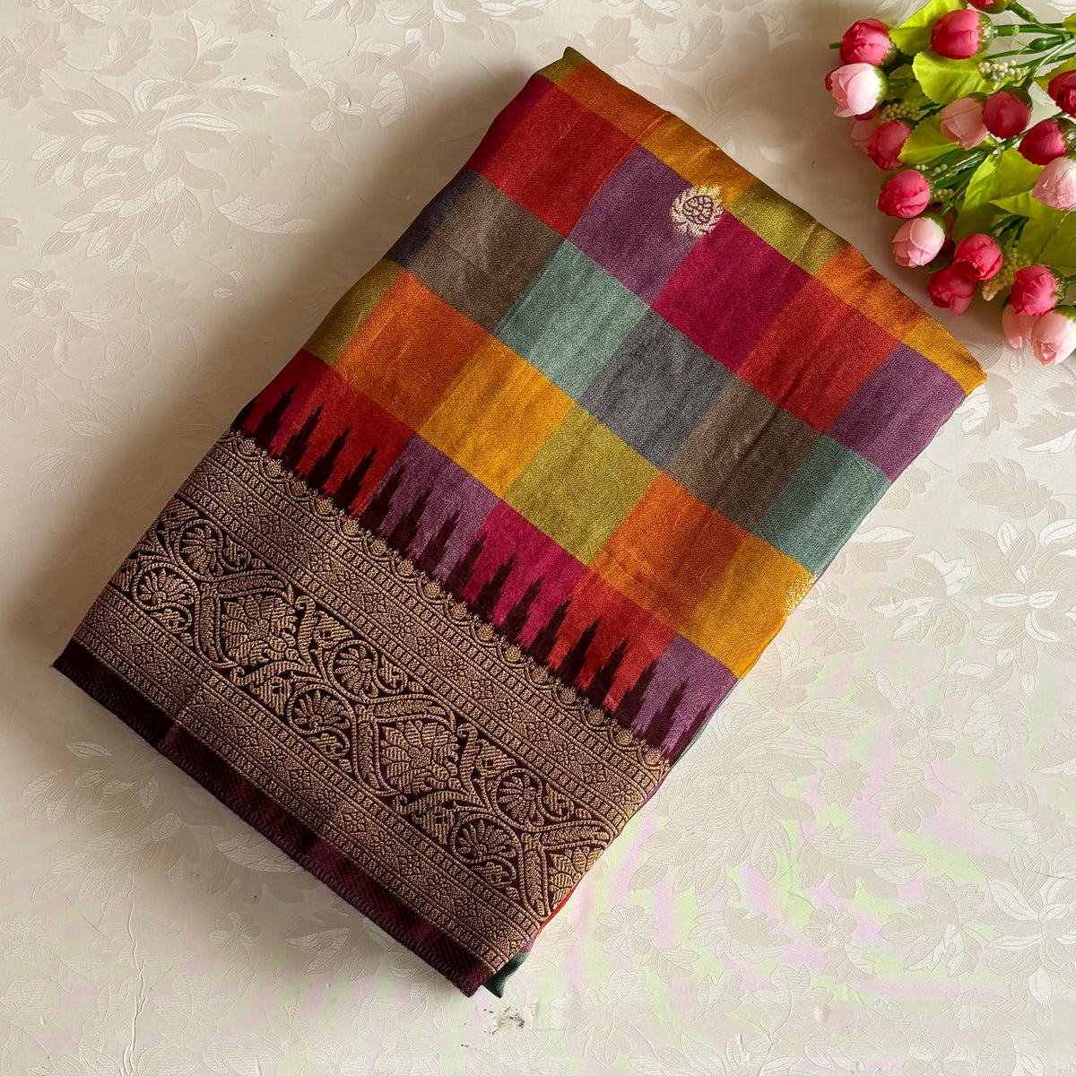 Multicolor Premium Soft Tussar Silk Saree With Antique Gold Pallu And Border