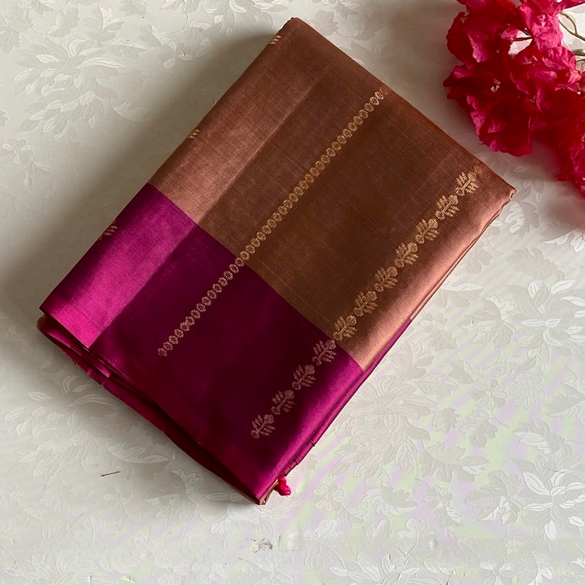 Copper Brown Designer Pure Silk With Deep Magenta Pallu