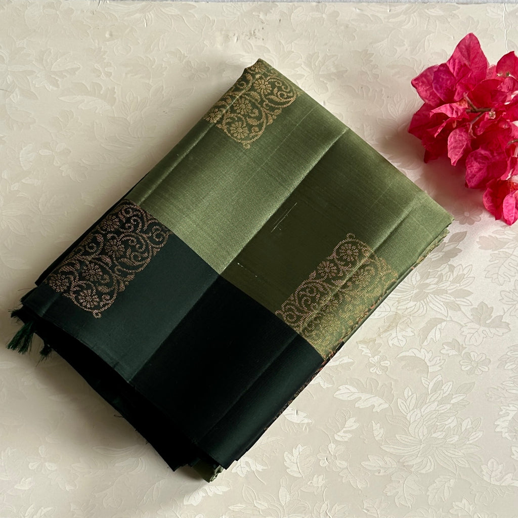 Vintage metallic green with deep Forest green designer, pure silk