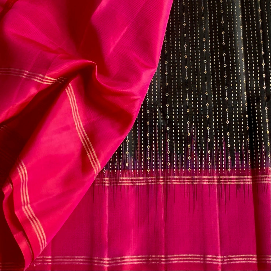 Jet Black Designer Pure Silk with Stunner Rani Pink & Zari Weave