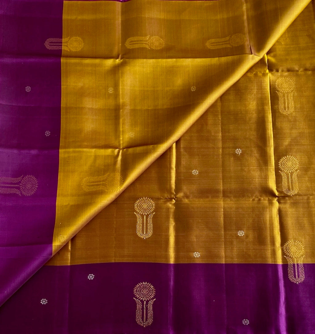 Royal Purple Designer Pure Silk Saree With Mustard Gold Contrast