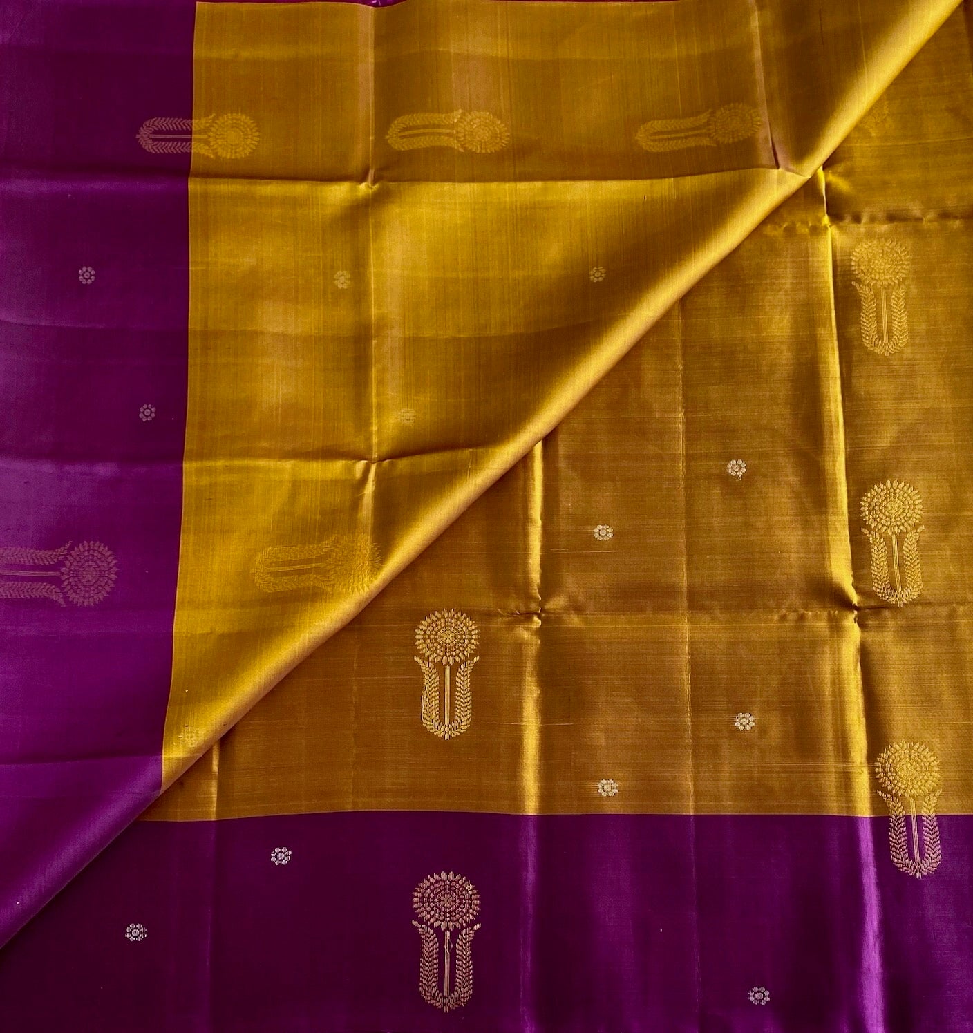 Royal Purple Designer Pure Silk Saree With Mustard Gold Contrast