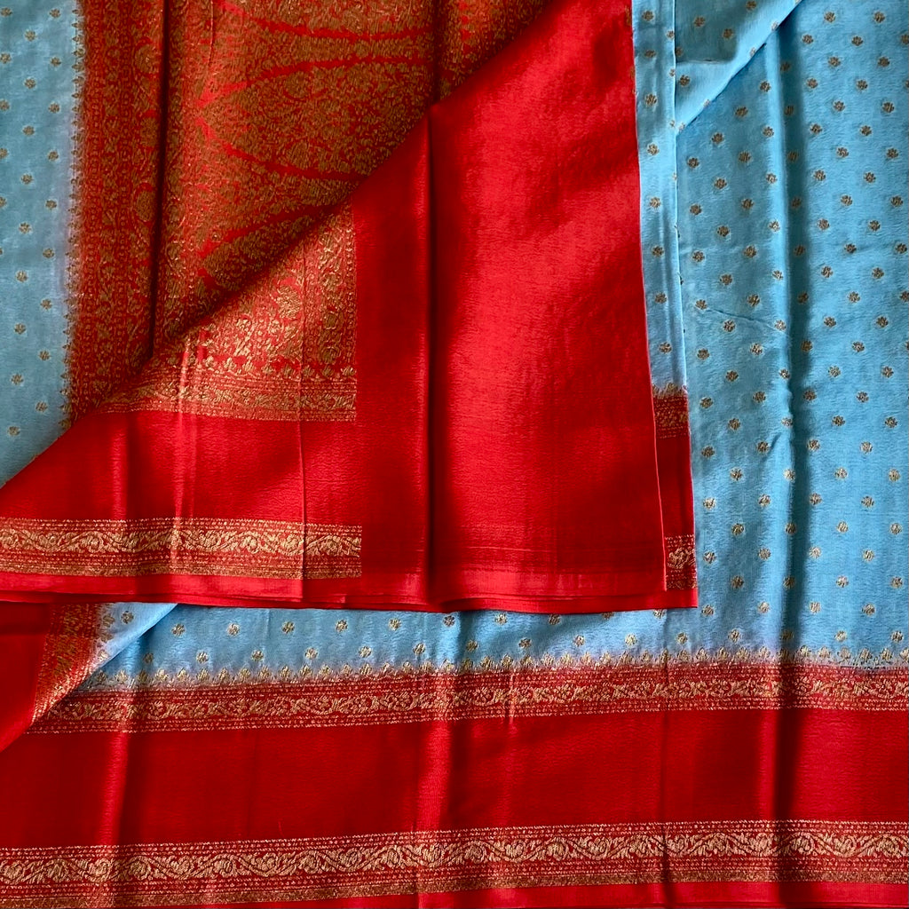 Wonder Sky Blue Banarasi Crepe Silk Saree With Scarlet Red Bordero