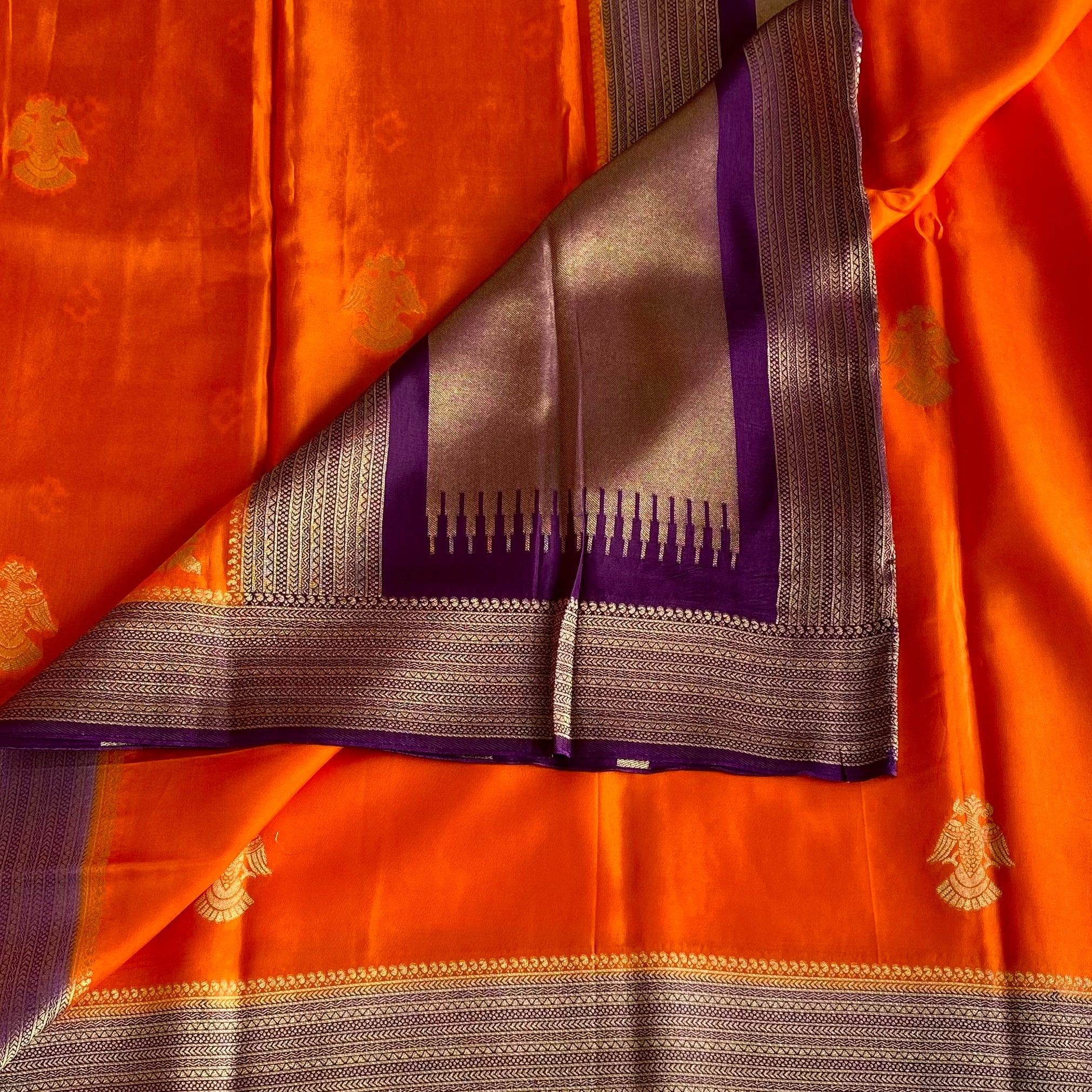 Designer Orange Soft Crepe Silk Saree With Royal Purple Pallu