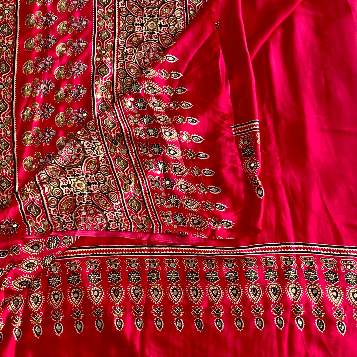 Rani Pink Softest Satin Silk Saree With Ivory Medallion Panels