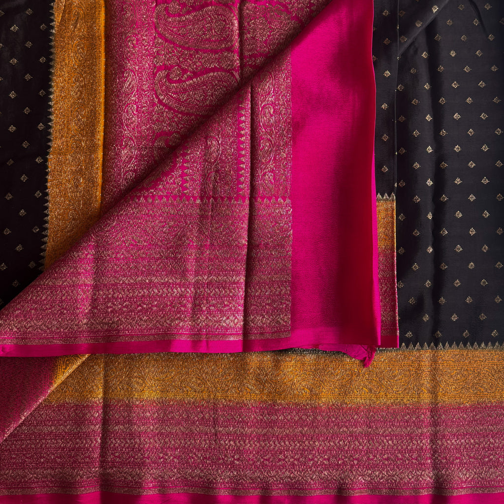 Black • Mustard • Pink soft Banarasi crepe silk with tiny buttas