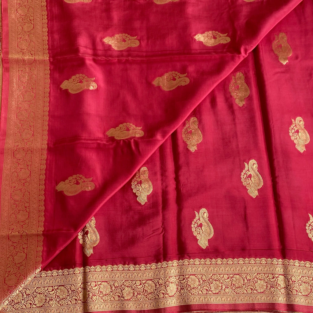 Peachish Pink Soft Crepe Silk Saree With Gold Zari Border & Wine Blouse