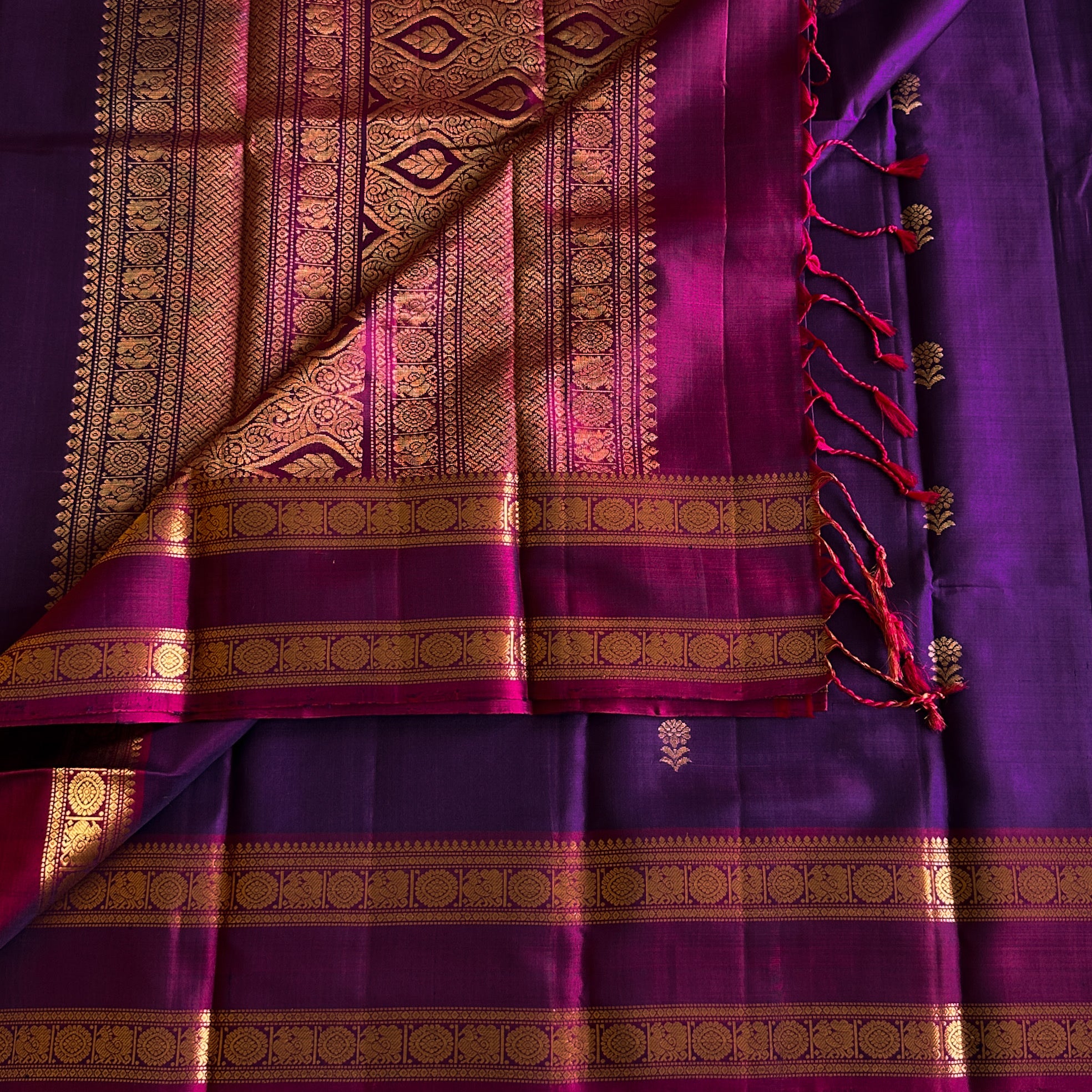 Magenta Silk Saree Gold Brocade Paisley Wedding Traditional Elegant Drape