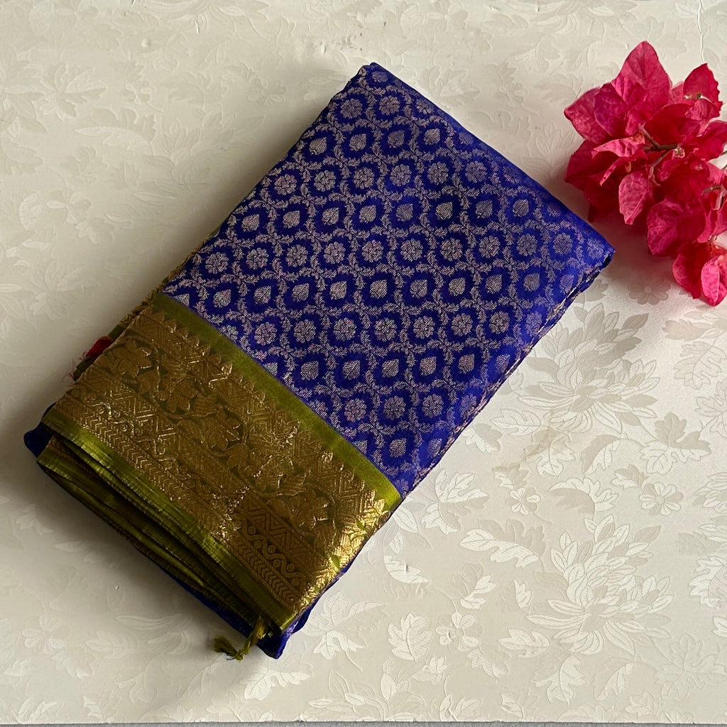 Lime Green Silk Saree Gold Zari Royal Blue Pallu Contrast