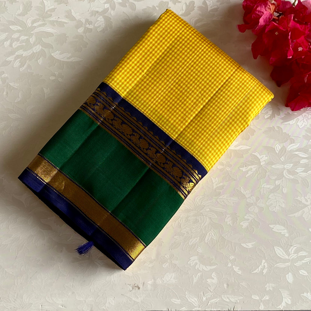 Micro checkered Gorgeous Yellow Retta Petta Borders Pure Kanjeevaram Silk