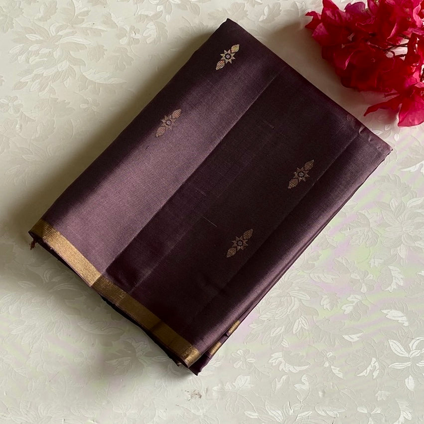Deep Plum Designer Pure Silk Saree With Antique Gold Pallu