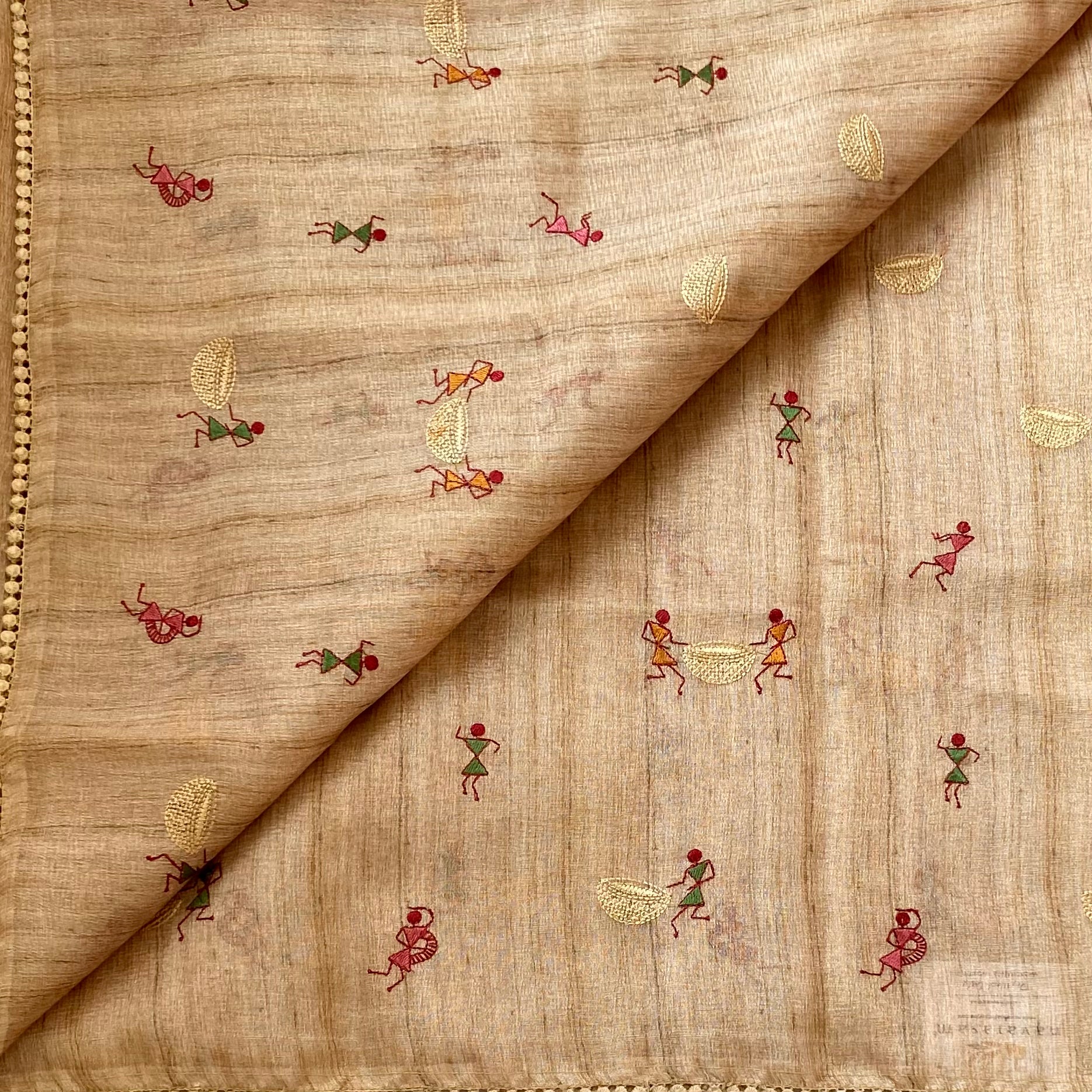 Warm Beige Embroidered Folk Motif Handloom Saree with Tassels