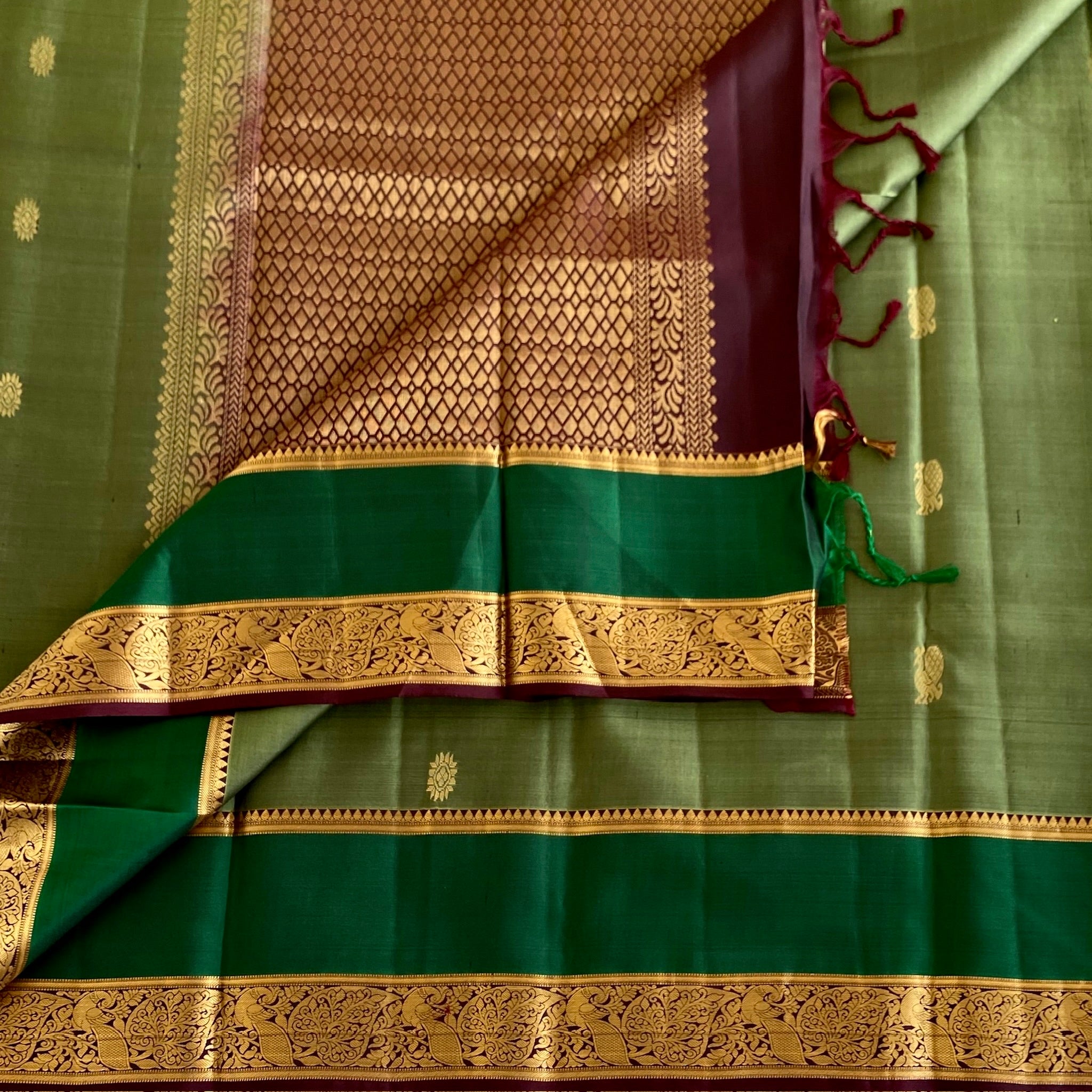 Olive Green Designer Pure Silk with Dark Wine Brown & Bottle Green