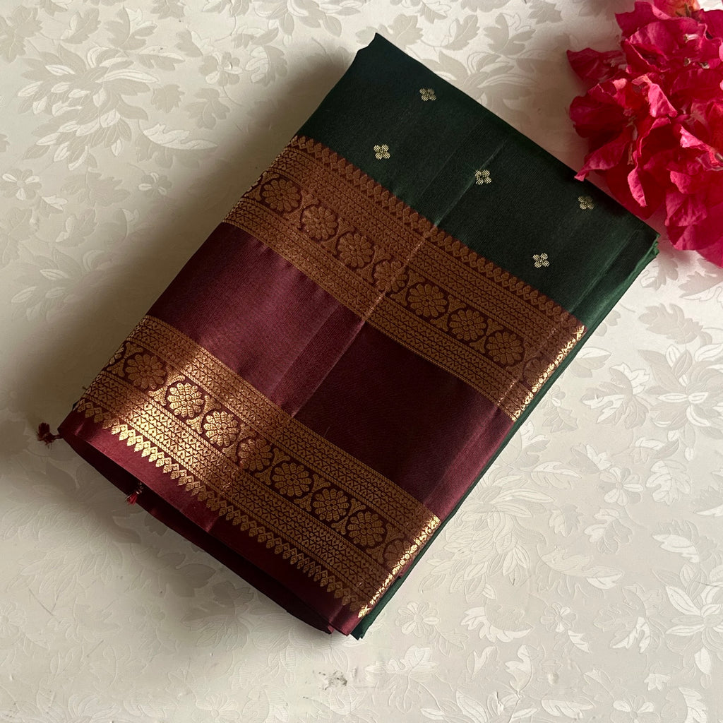 Bottle Green Designer Pure Silk With Deep Maroon Retta Petta Border