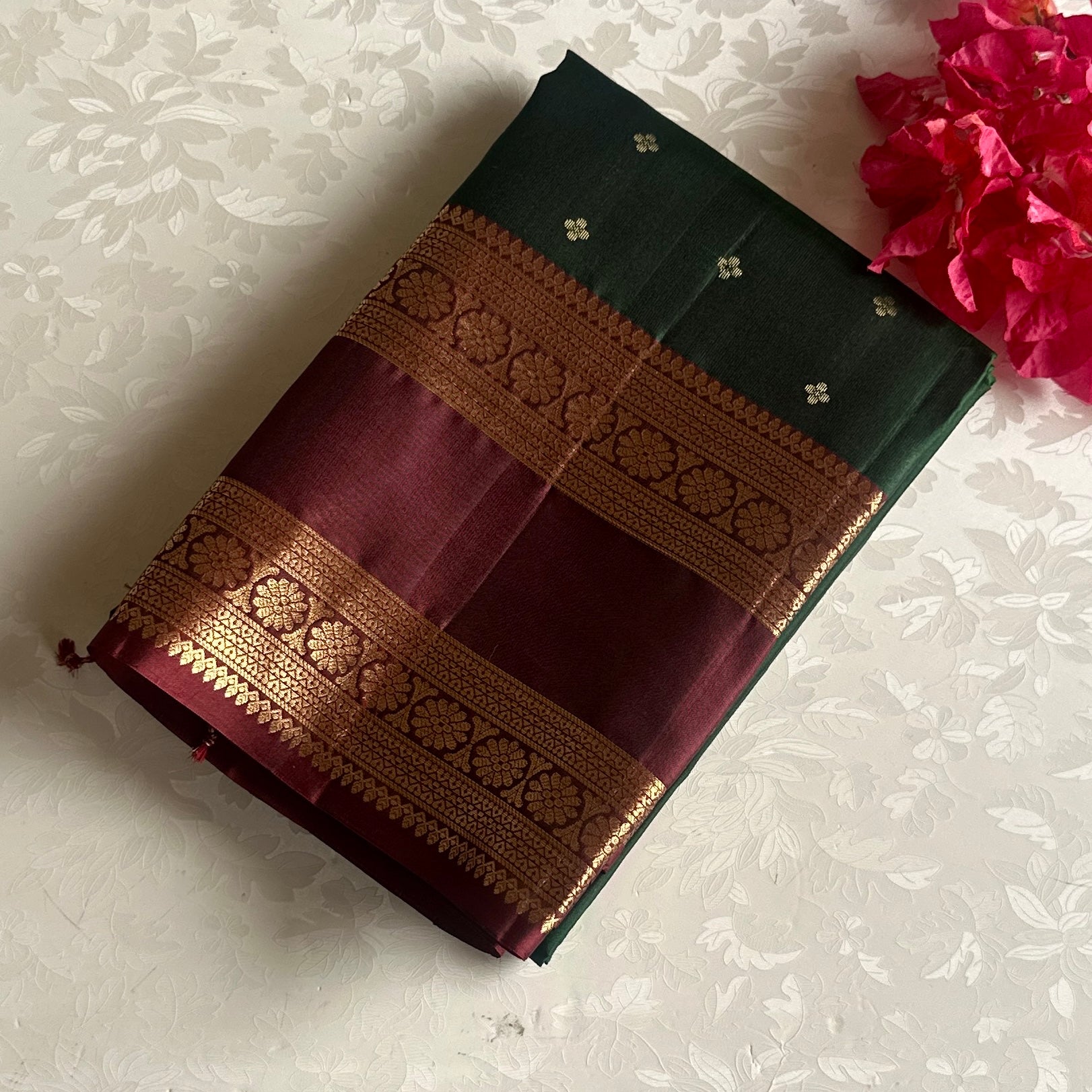 Bottle Green Designer Pure Silk With Deep Maroon Retta Petta Border