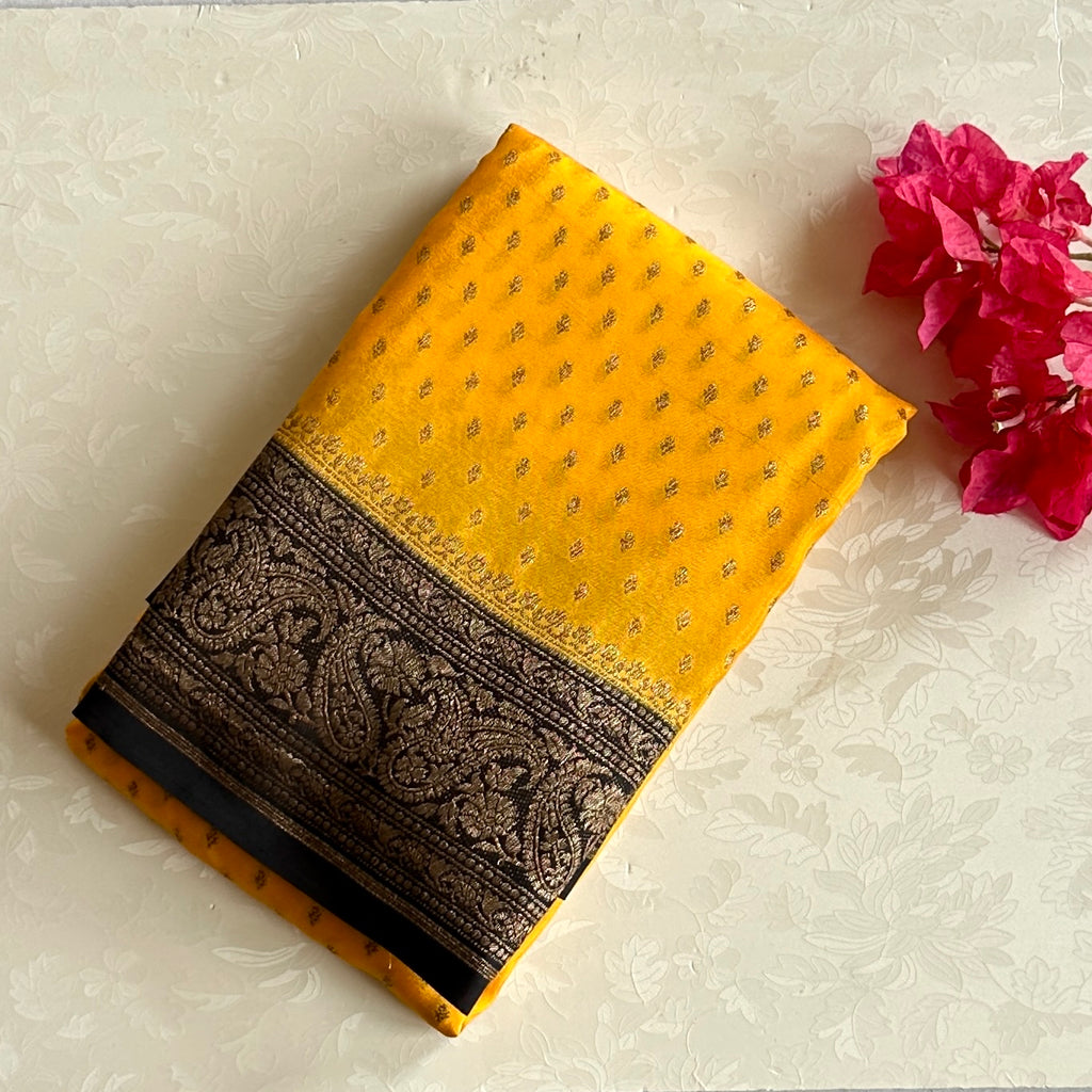 Marigold Yellow Banarasi Silk Saree with Black Paisley Brocade Pallu
