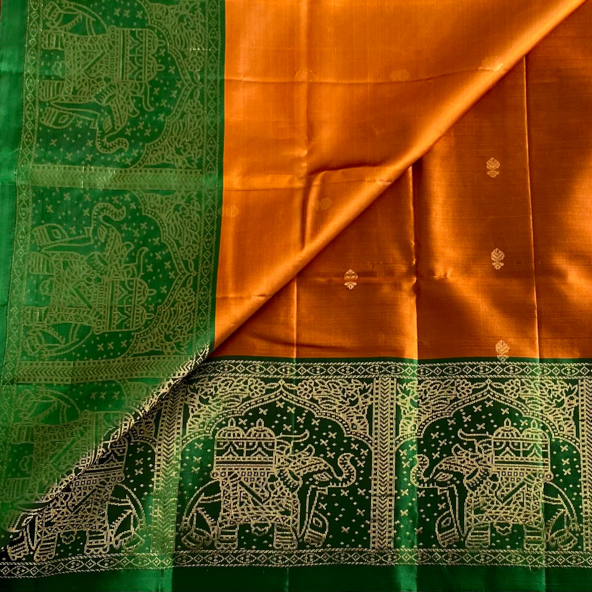 Burnt Orange Designer Pure Silk Saree With Emerald Green Pallu