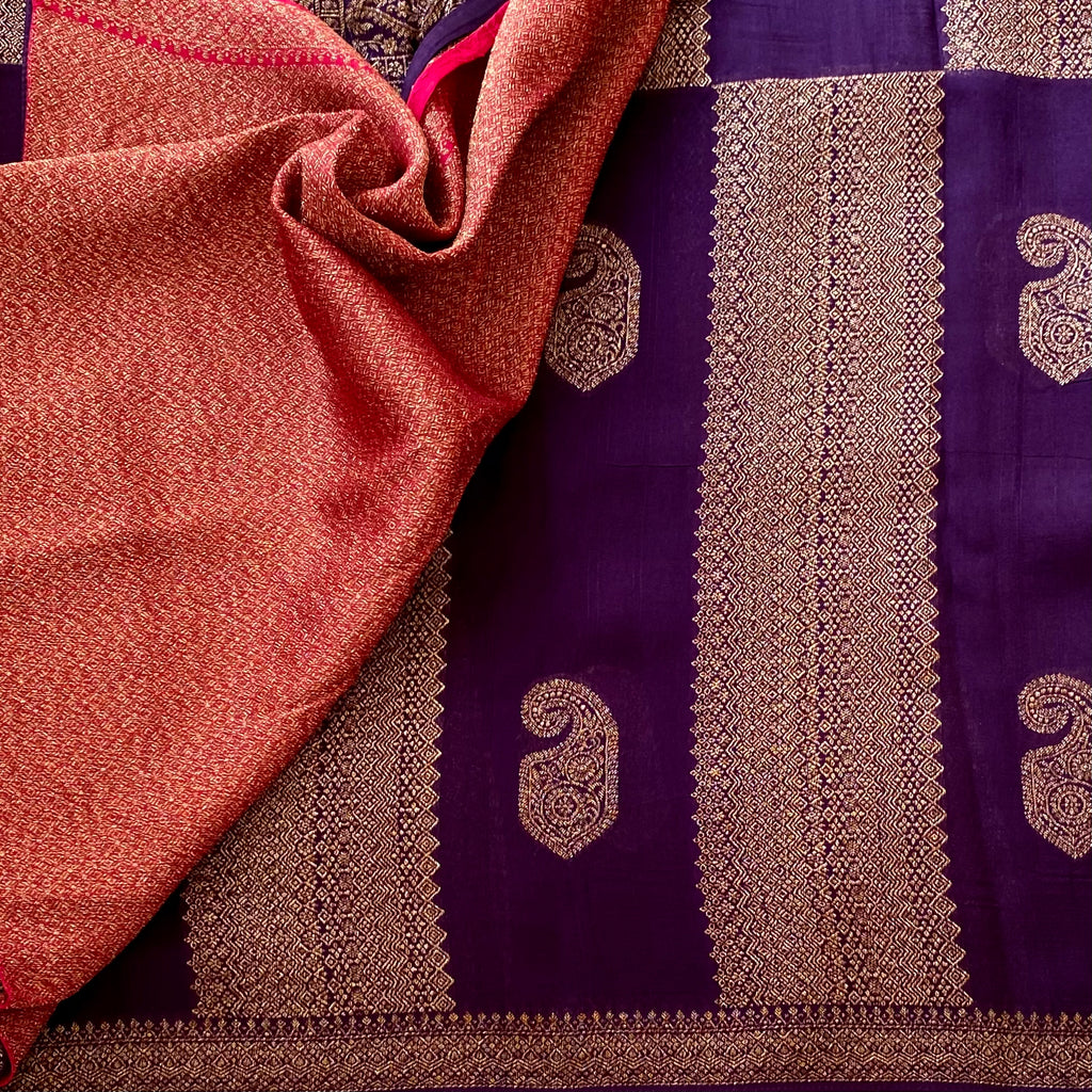 Plum Purple Soft Jute Tussar with Antique Gold Brocade Work
