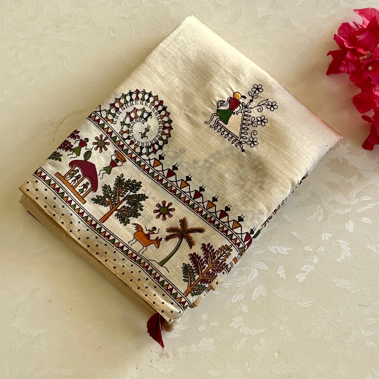 Ivory Folk Village Border Saree with Tassels Traditional Wear Elegance
