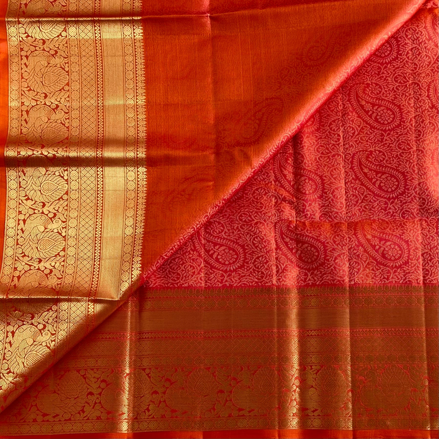 Kanakambari Orange Brocade Designer Pure Silk With Gold Diamond Buta Border