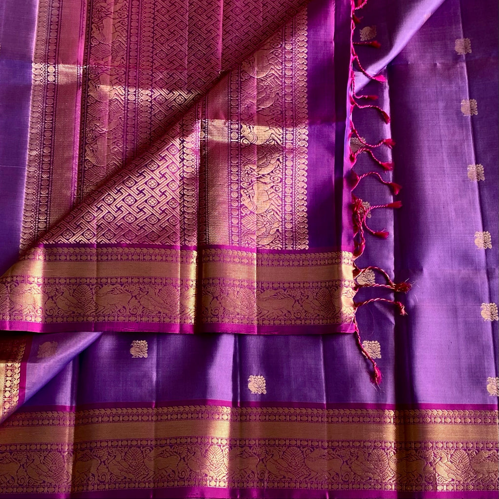 Metallic Lavender Designer Pure Silk With Rich Magenta Contrast