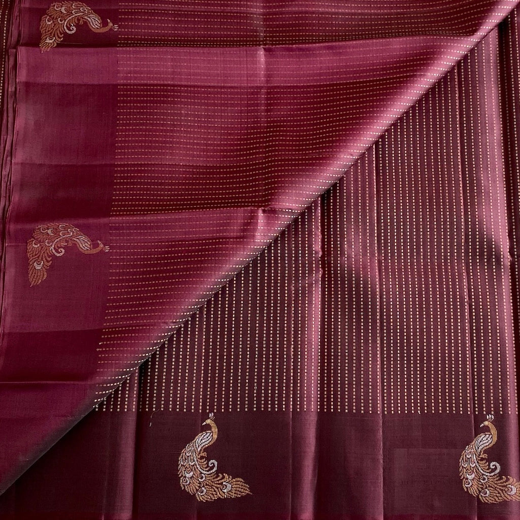 Burgundy Designer Pure Silk Saree With Antique Gold Pallu And Rani Pink