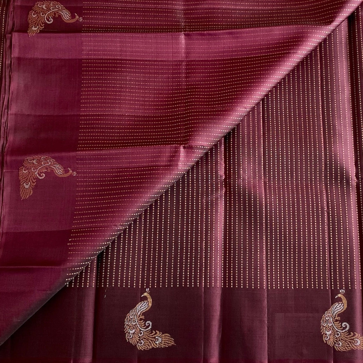 Burgundy Designer Pure Silk Saree With Antique Gold Pallu And Rani Pink